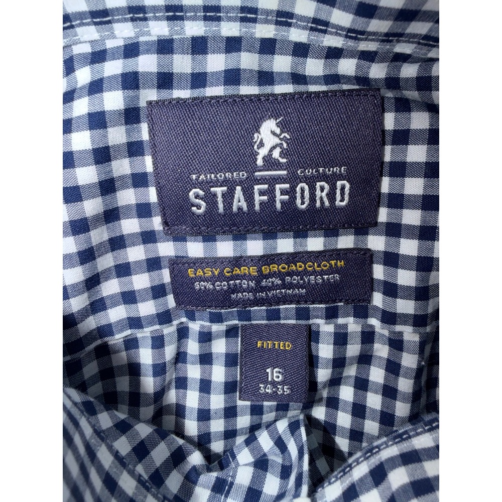 Stafford Mens Fitted Gingham Dress Shirt Navy White Long Sleeve 16 34-35 Broadcl - Picture 4 of 5